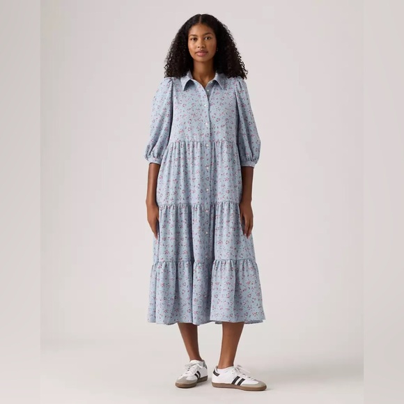 Levi's Dresses & Skirts - Levi's Cynthia Blue Floral Long Sleeve Midi Dress Cottage core size Large
